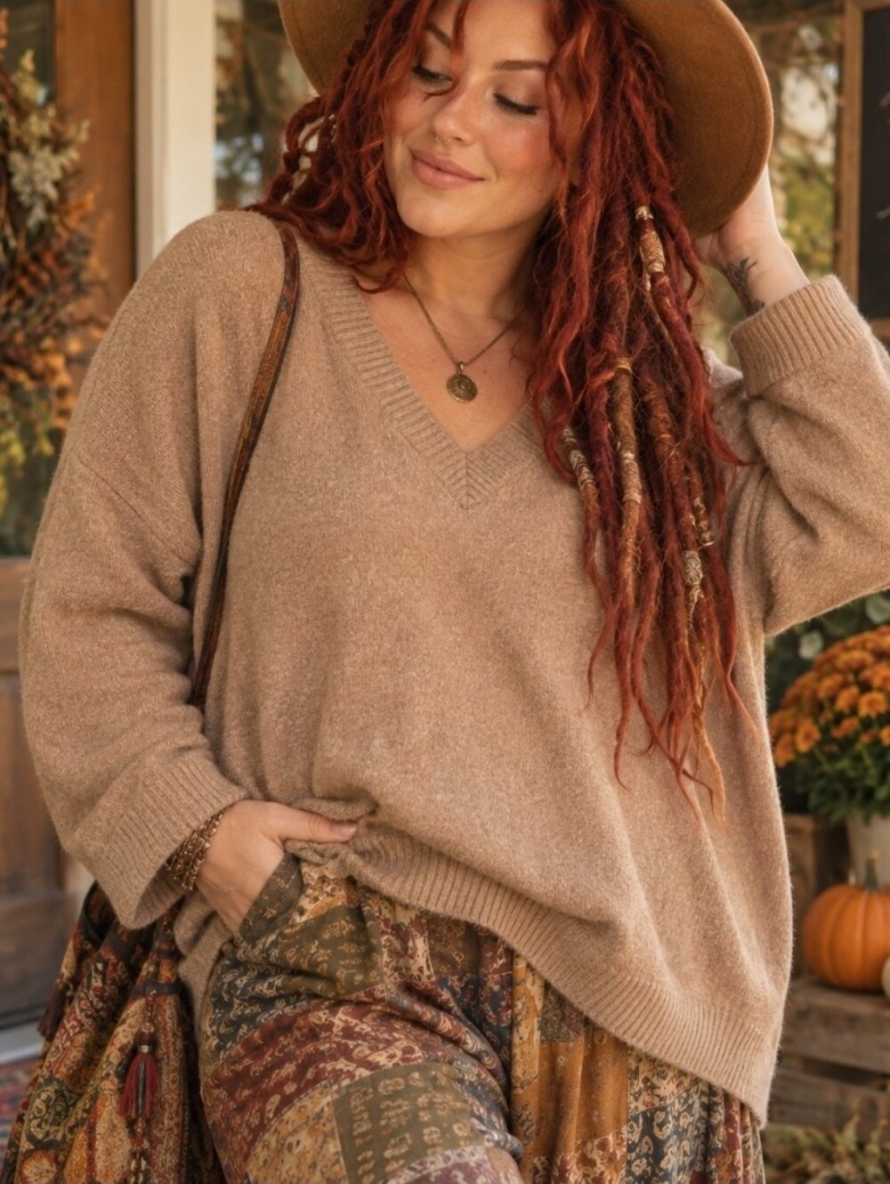 4/$15 C.A.S.L.O.N. Camel Brown V-Neck Sweater XL Cotton Blend Boho Cottagecore
